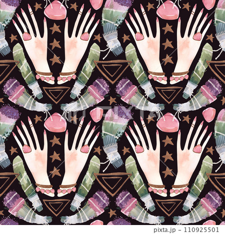 Herbalist's hands create harmony. A magical ritual of cleansing with herbs and stones. Seamless pattern for a modern witch. Watercolor illustration for fabric, wallpaper and wrapping paper 110925501