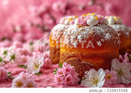 Easter cake with flowers and powder on pink background 110925598