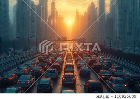 City Traffic Jams at Sunset: A Stream of Fire in a Peaceful Light 110925609