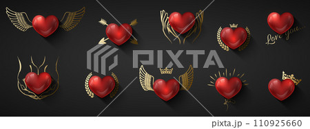 Valentine's Day love icons set. Glossy red 3d heart with golden decor. Greeting Card heart Patch with in gold wings, crown, arrow, wreath, hands hold. Black background, romantic vector illustration 110925660