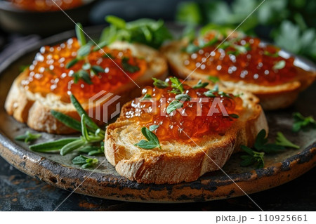 Sandwich with red caviar on a wooden table: a treat for connoisseurs of taste 110925661