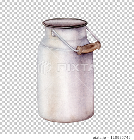 Watercolor illustration metal can for milk. Container painted in watercolor isolated on white background. Farm jug for organic food. hand drawn sketch vintage white aluminum jar. Packaging design. 110925743