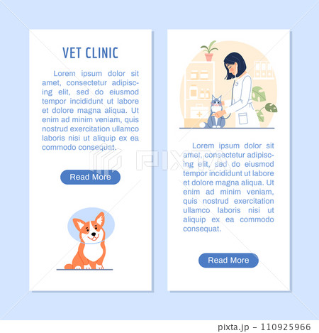 Vet clinic flyer or vertical banner with copy space, button, corgi in protective cone. Young female veterinarian examining cat with stethoscope on veterinary background. Flat line vector illustration. 110925966
