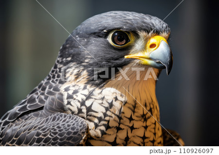 AI-generated content. Close up macro of peregrine falcon, bird of pray on blurred background 110926097