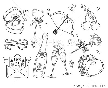 Valentine's day set of cute elements. Doodle sketches of romantic objects. Colouring page. Vector illustrationwq2  110926113