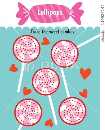 Pen tracing lines activity worksheet for children. Pencil control for kids practicing motoric skills. Lollipops Educational printable worksheet. Vector illustration. 110926149