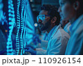 scientists working with futuristic transparent interface 110926154