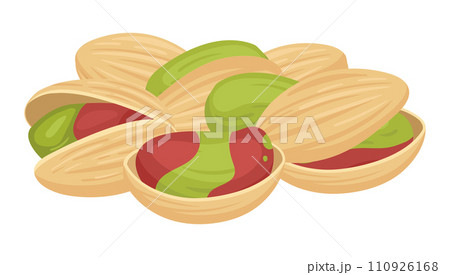 Pistachio handful. Delicious pistachio nuts in shell, organic vegetarian snack flat vector illustration. Raw pistachio on white background Pistachio handful. Delicious pistachio nuts in shell, organic vegetarian snack flat vector illustration. Raw pistachio on white background 110926168