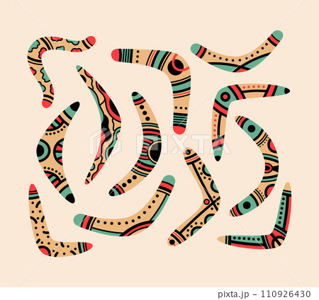 Australian aboriginal curved wooden boomerangs. Hand drawn traditional souvenir, australian native hunting weapon cartoon vector illustration icons set 110926430