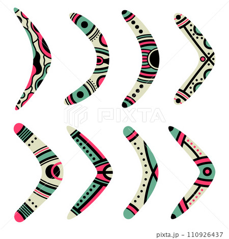 Cartoon australian boomerangs. Aboriginal curved wooden traditional boomerang souvenir, australian native hunting weapon flat vector illustration set on white background 110926437