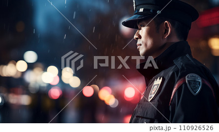 雨の中の夜の街に立つ警備員の横顔「AI生成画像」 110926526