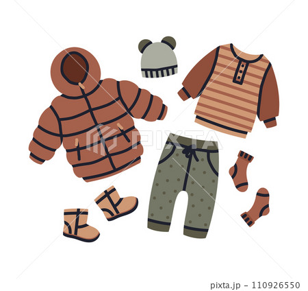 Cartoon baby winter outfit. Girl or boy modern clothing outfit, newborn kids garments vector nursery illustration. Doodle children fashion clothing look 110926550