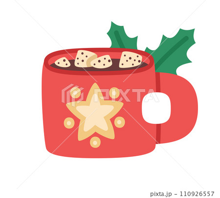 Christmas hot drink cup. Xmas winter holiday cozy hot cocoa, coffee or tea mug isolated vector illustration. Winter marshmallow hot beverage cup Christmas hot drink cup. Xmas winter holiday cozy hot cocoa, coffee or tea mug isolated vector illustration. Winter marshmallow hot beverage cup 110926557