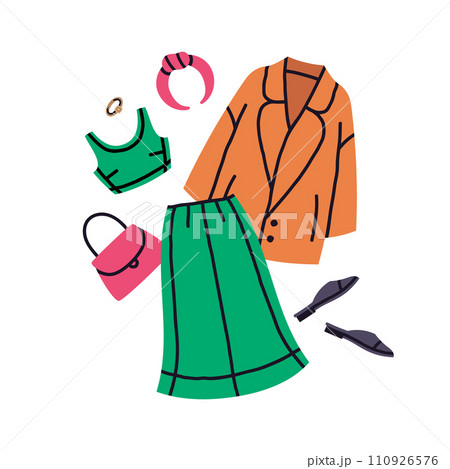 Fashion female outfit. Bright trendy green, pink and orange modern casual look cartoon vector illustration. Doodle stylish female wardrobe outfit Fashion female outfit. Bright trendy green, pink and orange modern casual look cartoon vector illustration. Doodle stylish female wardrobe outfit 110926576