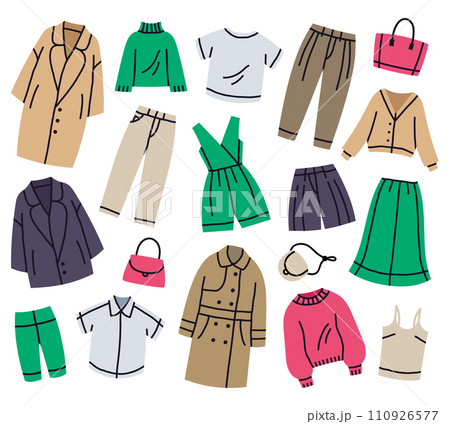 Fashion female wardrobe clothes. Modern casual female wardrobe, summer and fall trendy outfits cartoon vector illustration set. Stylish clothes Fashion female wardrobe clothes. Modern casual female wardrobe, summer and fall trendy outfits cartoon vector illustration set. Stylish clothes 110926577