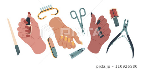 Female manicured doodle hands. Hand drawn hands with long nails, manicure nail service tools cartoon vector illustration set. Girls hands with fresh manicure 110926580