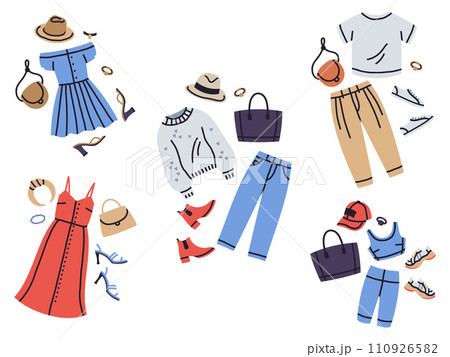Female wardrobe clothes outfits. Fashion modern casual looks, vacation, gym, summer and fall trendy outfits cartoon vector illustration set. Fashion clothes sets Female wardrobe clothes outfits. Fashion modern casual looks, vacation, gym, summer and fall trendy outfits cartoon vector illustration set. Fashion clothes sets 110926582