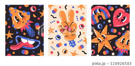Funny comic emoji characters posters. Abstract comic cute doodle characters cards cartoon vector illustration set. Bright hand drawn comic mascots posters Funny comic emoji characters posters. Abstract comic cute doodle characters cards cartoon vector illustration set. Bright hand drawn comic mascots posters 110926583