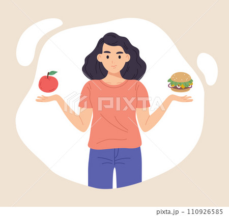 Girl choose between healthy and unhealthy food. Dieting and healthy eating or junk food comparison flat vector concept illustration. Thoughtful female cartoon character Girl choose between healthy and unhealthy food. Dieting and healthy eating or junk food comparison flat vector concept illustration. Thoughtful female cartoon character 110926585