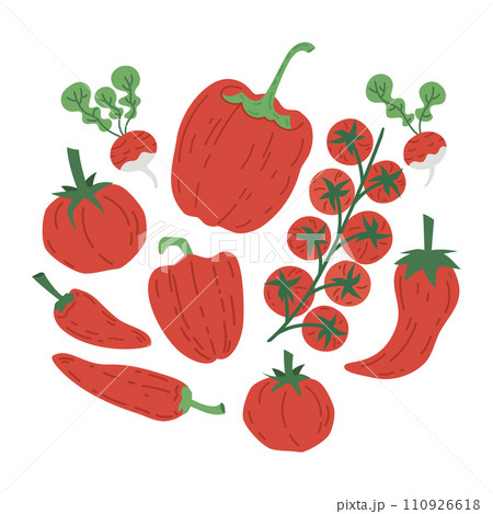 Hand drawn red vegetables. Healthy lifestyle doodle vegetables, tomato and pepper vector illustration set. Delicious vegetarian organic vitamins food Hand drawn red vegetables. Healthy lifestyle doodle vegetables, tomato and pepper vector illustration set. Delicious vegetarian organic vitamins food 110926618