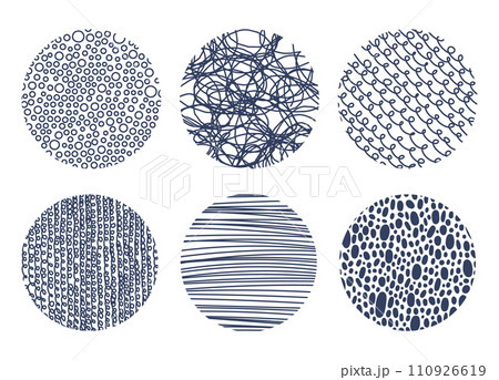 Hand drawn rounded patterns. Scribble abstract dotted shapes, spotted hatching scribble patterns flat doodle vector illustration set 110926619