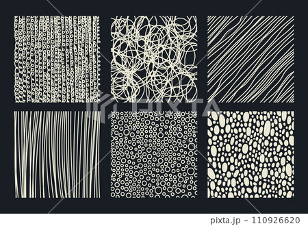 Hand drawn scribble patterns. Abstract doodle dotted lines, scribble shapes flat cartoon vector illustration set. Hatching spotted patterns 110926620