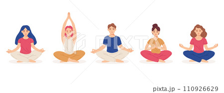 Meditating people. Female and male characters in yoga lotus posture, meditation practice concept cartoon vector illustration set. Flat mind and emotions harmony people 110926629