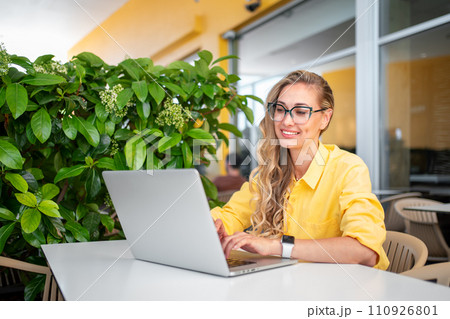 Professional freelancer working remotely on laptop 110926801