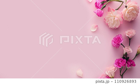 Beautiful flowers composition on pink background. Flat lay, top view. Beautiful flowers composition on pink background. Flat lay, top view. 110926893