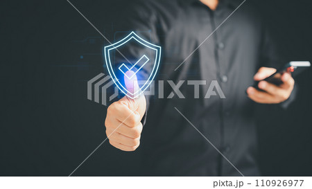 User hand touch the identity proof icon for security protection system on virtual screen. Quality assurance of business service. Certified guarantee approval or secure access system concept. 110926977