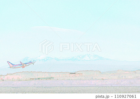 パステル調　”大雪山の山並みと離陸した飛行機”　イラストイメージ 110927061