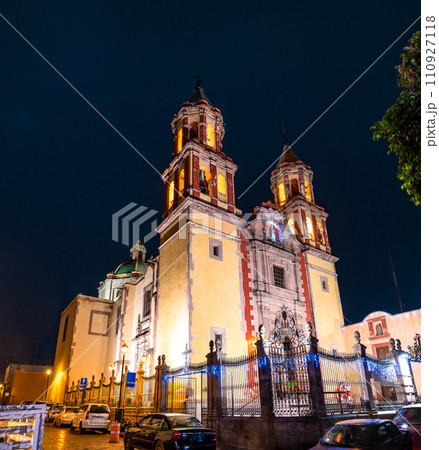 Church of the Congregation of Our Lady of Guadeloupe in Santiago de Queretaro, Mexico, at night Church of the Congregation of Our Lady of Guadeloupe in Santiago de Queretaro, Mexico, at night 110927118