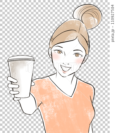 Stock Illustration: A woman in a pink shirt offering a drink Stock Illustration: A woman in a pink shirt offering a drink 110927584