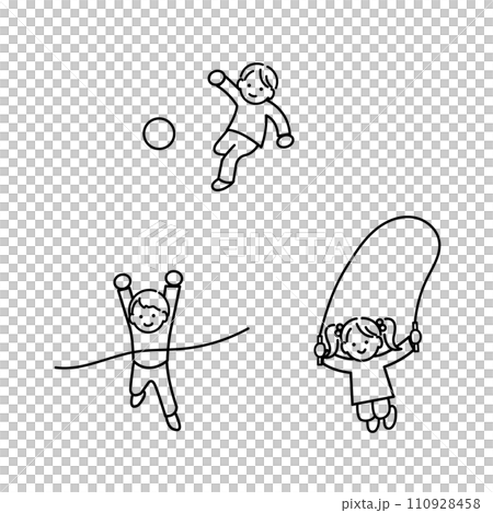 Illustration of energetic and smiling children exercising, monochrome line drawing 110928458