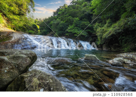 Waterfall in a peaceful green forest 110928568