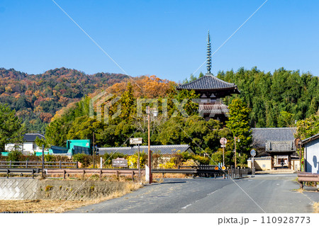 奈良県生駒郡斑鳩町の法輪寺 三重塔と紅葉 奈良県生駒郡斑鳩町の法輪寺 三重塔と紅葉 110928773