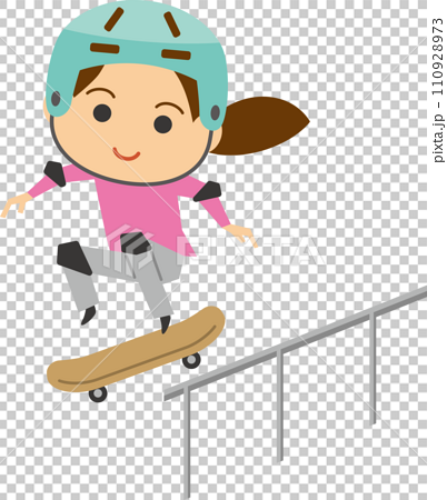 ヘルメットをかぶってスケートボードをする女性のイメージイラストセット 110928973