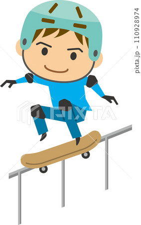 ヘルメットをかぶってスケートボードをする男性のイメージイラストセット 110928974