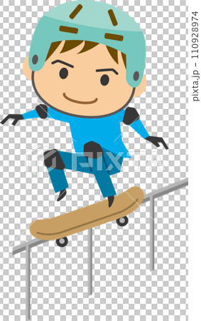 ヘルメットをかぶってスケートボードをする男性のイメージイラストセット 110928974