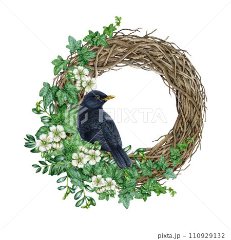 Garden floral wreath with blackbird. Watercolor painted illustration. Round rustic twisted vine wreath with ivy and raspberry flowers decor. White background 110929132