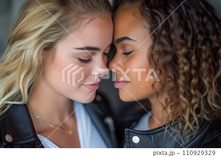 Cute lesbians couple showing love in a park 110929329