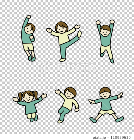 Color line drawing illustration of cheerful and smiling children in various poses 110929630
