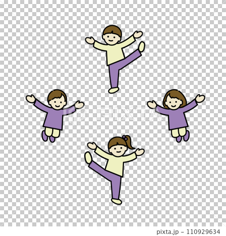 いろいろなポーズの元気で笑顔の子供たちのイラスト　カラー線画 110929634