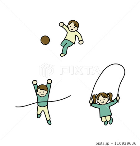 運動する元気で笑顔の子供たちのイラスト　カラー線画 110929636