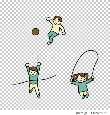 Illustration of energetic and smiling children exercising, color line drawing 110929636