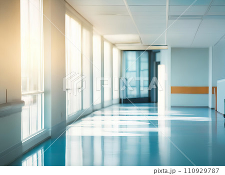 Light blurred background. The hall of an office or medical institution with panoramic windows and a perspective. Light blurred background. The hall of an office or medical institution with panoramic windows and a perspective. 110929787