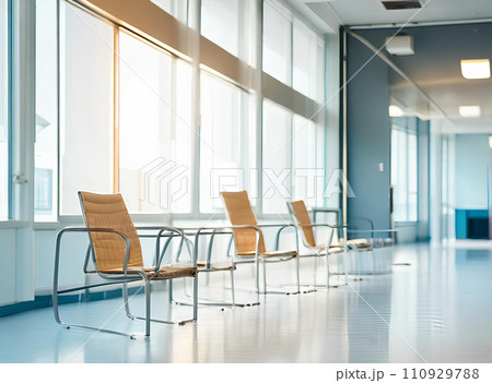 Light blurred background. The hall of an office or medical institution with panoramic windows and a perspective. 110929788