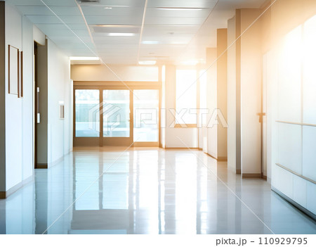 Light blurred background. The hall of an office or medical institution with panoramic windows and a perspective. 110929795