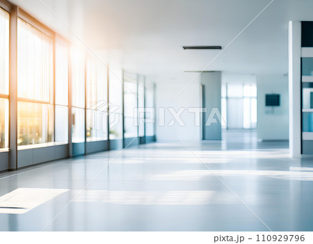 Light blurred background. The hall of an office or medical institution with panoramic windows and a perspective. Light blurred background. The hall of an office or medical institution with panoramic windows and a perspective. 110929796