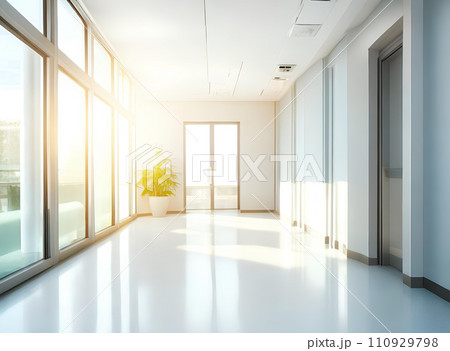 Light blurred background. The hall of an office or medical institution with panoramic windows and a perspective. Light blurred background. The hall of an office or medical institution with panoramic windows and a perspective. 110929798